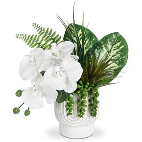 DILATATA White Orchids in Pot Fake Palm Flower Arrangement in Vase Artificial Plants & Flowers in Pots Faux Flower Arrangement with Vase for Home Office Decoration, Dining Table Centerpiece