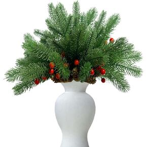 200 Pcs Artificial Pine Branches Pine Picks Pine Needles Greenery Stems Holly Green Plant DIY Wreath Garland Christmas Decorations DIY Crafts with Pine Cone and Red Berry Home Decor