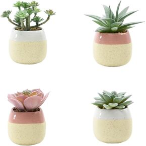 Artificial Succulents Plants in Pots, Set of 4 Mini Fake Plants for Indoor Decoration, Home Office, Bedroom & Living Room Decor, Small Faux Succulents in Stylish Ceramic Planters, Gift for Him/Her