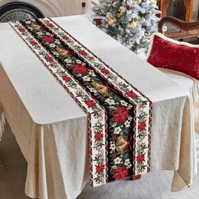 Baccessor Poinsettia Bells Christmas Table Runner Holly Berry Christmas Runner for Table Seasonal Winter Holiday Christmas Decor for Home Kitchen Dining 13x48 Inch