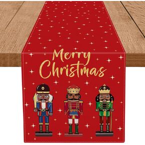 Merry Christmas Table Runner Nutcracker Stars Red Burlap Runner Seasonal Winter Xmas Home Party Kitchen Dining Table Decoration 13x72 Inch
