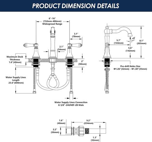 Polished Chrome Bathroom Faucet, Traditional Porcelain Handle 8 inch Widespread Bathroom Faucets for Sink 3 Hole, 8 in Spread Bath Vanity Faucet, with 2Pcs Water Supply Lines and Pop-up Drain in Saudi Arabia