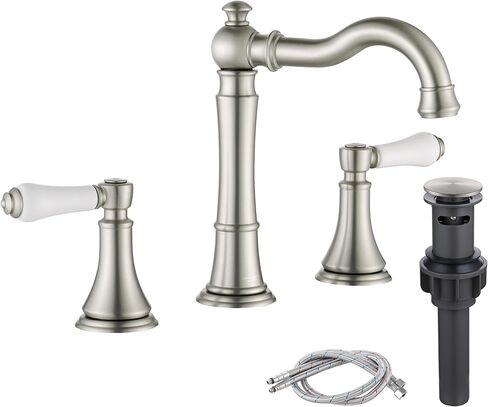 Polished Chrome Bathroom Faucet, Traditional Porcelain Handle 8 inch Widespread Bathroom Faucets for Sink 3 Hole, 8 in Spread Bath Vanity Faucet, with 2Pcs Water Supply Lines and Pop-up Drain in Saudi Arabia