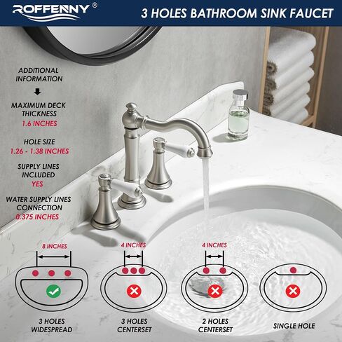 Polished Chrome Bathroom Faucet, Traditional Porcelain Handle 8 inch Widespread Bathroom Faucets for Sink 3 Hole, 8 in Spread Bath Vanity Faucet, with 2Pcs Water Supply Lines and Pop-up Drain in Saudi Arabia