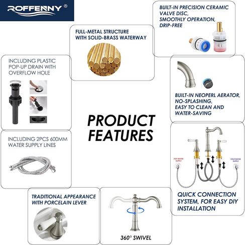 Polished Chrome Bathroom Faucet, Traditional Porcelain Handle 8 inch Widespread Bathroom Faucets for Sink 3 Hole, 8 in Spread Bath Vanity Faucet, with 2Pcs Water Supply Lines and Pop-up Drain in Saudi Arabia