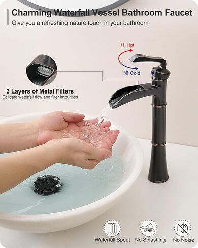 Tall Vessel Sink Faucet, Oil Rubbed Bronze Bathroom Faucet Waterfall Bathroom Faucets One Hole, Brass Bathroom Sink Faucet Single Handle with Pop-Up Drain & Water Hoses, 5 Mins Install in Saudi Arabia
