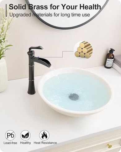 Tall Vessel Sink Faucet, Oil Rubbed Bronze Bathroom Faucet Waterfall Bathroom Faucets One Hole, Brass Bathroom Sink Faucet Single Handle with Pop-Up Drain & Water Hoses, 5 Mins Install in Saudi Arabia