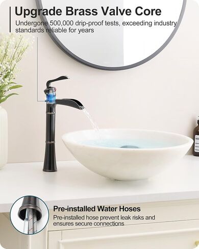 Tall Vessel Sink Faucet, Oil Rubbed Bronze Bathroom Faucet Waterfall Bathroom Faucets One Hole, Brass Bathroom Sink Faucet Single Handle with Pop-Up Drain & Water Hoses, 5 Mins Install in Saudi Arabia