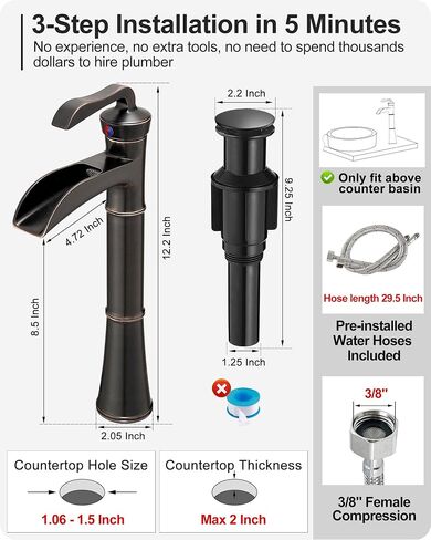 Tall Vessel Sink Faucet, Oil Rubbed Bronze Bathroom Faucet Waterfall Bathroom Faucets One Hole, Brass Bathroom Sink Faucet Single Handle with Pop-Up Drain & Water Hoses, 5 Mins Install in Saudi Arabia