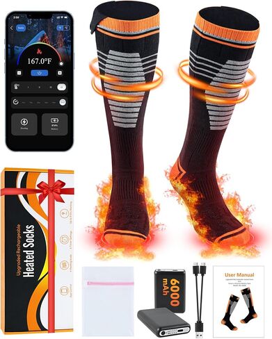 Heated Socks, 6000mAh Rechargeable Heated Socks for Men Women, Up to 9 Hours, APP-Controlled Electric Socks, 4 Heating Settings, Washable Winter Foot Warmer Socks, Outdoor Skiing Hunting Hiking in Saudi Arabia