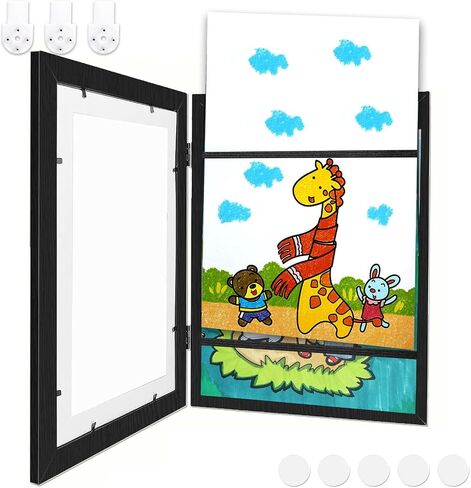 Kids Art Frame, Kid Artwork Frames Changeable, Wooden Picture Frame for Children Art Projects Display Front Opening Holds 50, Magnetic Art Decoration Hanging with Storage, Display 8.5x11 with Mat, in Saudi Arabia