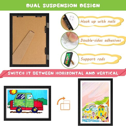 Kids Art Frame, Kid Artwork Frames Changeable, Wooden Picture Frame for Children Art Projects Display Front Opening Holds 50, Magnetic Art Decoration Hanging with Storage, Display 8.5x11 with Mat, in Saudi Arabia