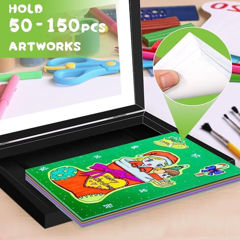 Kids Art Frame, Kid Artwork Frames Changeable, Wooden Picture Frame for Children Art Projects Display Front Opening Holds 50, Magnetic Art Decoration Hanging with Storage, Display 8.5x11 with Mat, in Saudi Arabia