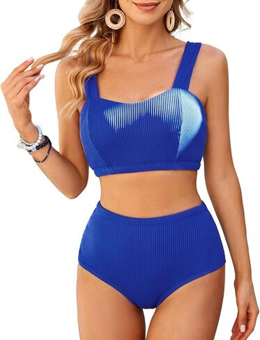 ملابس سباحة نسائية بمقاس كبير، مجموعة بيكيني عتيقة، ملابس سباحة مضلعة، ملابس سباحة عالية الخصر، قطعتين (أزرق ملكي، L) in Kuwait