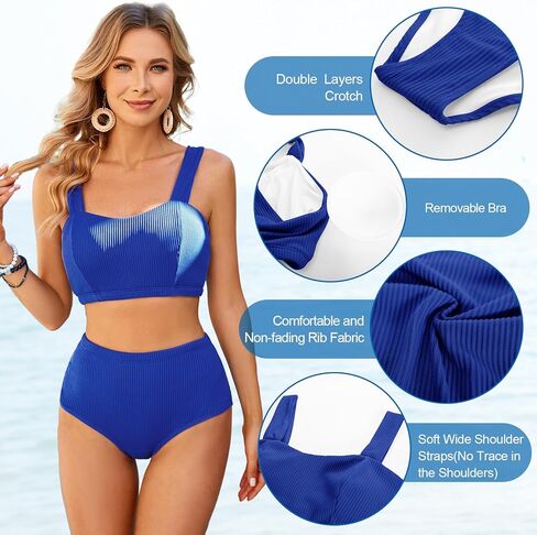 ملابس سباحة نسائية بمقاس كبير، مجموعة بيكيني عتيقة، ملابس سباحة مضلعة، ملابس سباحة عالية الخصر، قطعتين (أزرق ملكي، L) in Kuwait