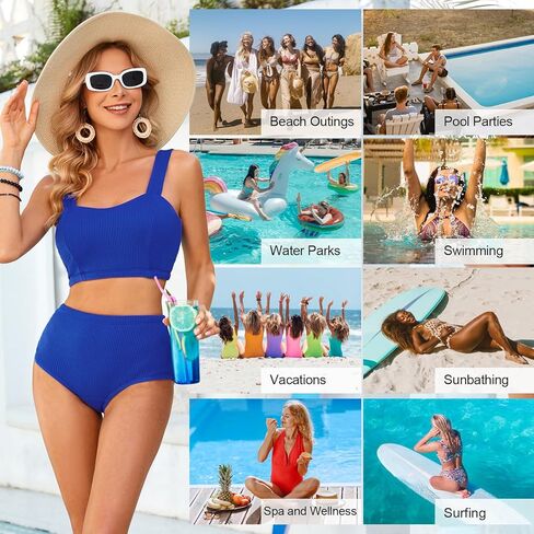 ملابس سباحة نسائية بمقاس كبير، مجموعة بيكيني عتيقة، ملابس سباحة مضلعة، ملابس سباحة عالية الخصر، قطعتين (أزرق ملكي، L) in Kuwait