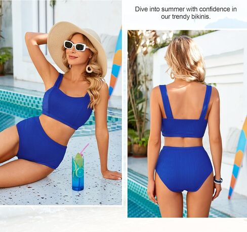 ملابس سباحة نسائية بمقاس كبير، مجموعة بيكيني عتيقة، ملابس سباحة مضلعة، ملابس سباحة عالية الخصر، قطعتين (أزرق ملكي، L) in Kuwait