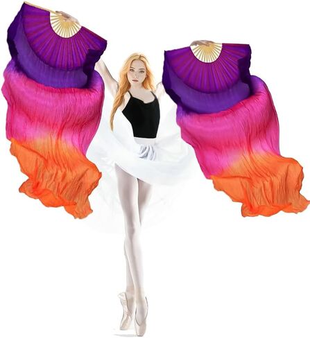 1 Pair(Left+Right) Women Hand Made Real Silk Belly Dance Fan Veils, Giadient Color Length 180cm Width 90cm in Saudi Arabia