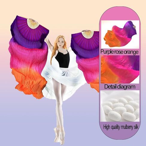 1 Pair(Left+Right) Women Hand Made Real Silk Belly Dance Fan Veils, Giadient Color Length 180cm Width 90cm in Saudi Arabia