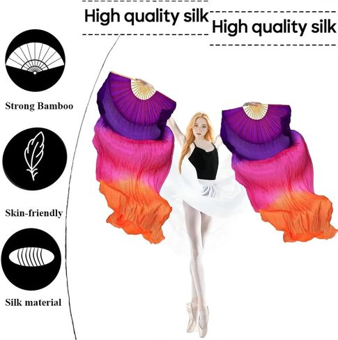 1 Pair(Left+Right) Women Hand Made Real Silk Belly Dance Fan Veils, Giadient Color Length 180cm Width 90cm in Saudi Arabia