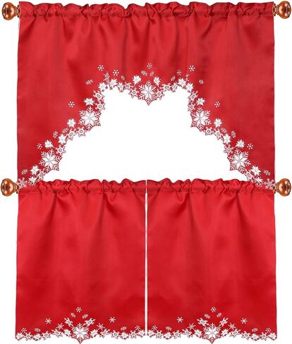 Simhomsen Embroidered Snowflakes Kitchen Window Curtain Swag and Tiers Set for Christmas and Winter (Red) in Kuwait