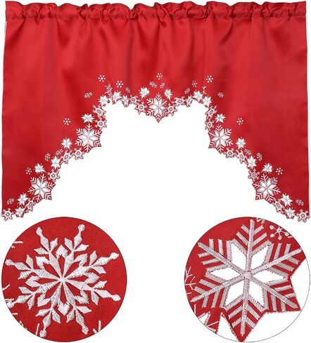 Simhomsen Embroidered Snowflakes Kitchen Window Curtain Swag and Tiers Set for Christmas and Winter (Red) in Kuwait