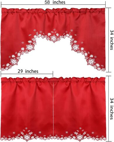 Simhomsen Embroidered Snowflakes Kitchen Window Curtain Swag and Tiers Set for Christmas and Winter (Red) in Kuwait
