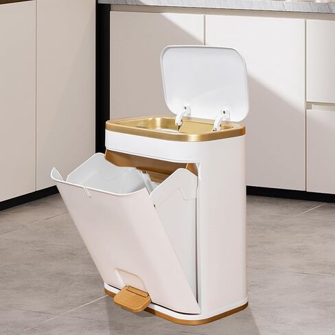 Bathroom Trash Can with Lid, 3 Gallon Gold Garbage Can, Small Trash Bin with Press top Lid and Pedal, Narrow White Trash Can Waste Basket for Bedroom, Living Room,Office,Plastic Dog Proof Trash Can in Kuwait