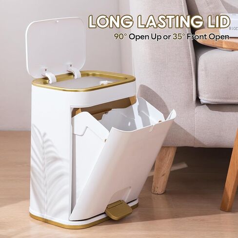 Bathroom Trash Can with Lid, 3 Gallon Gold Garbage Can, Small Trash Bin with Press top Lid and Pedal, Narrow White Trash Can Waste Basket for Bedroom, Living Room,Office,Plastic Dog Proof Trash Can in Kuwait
