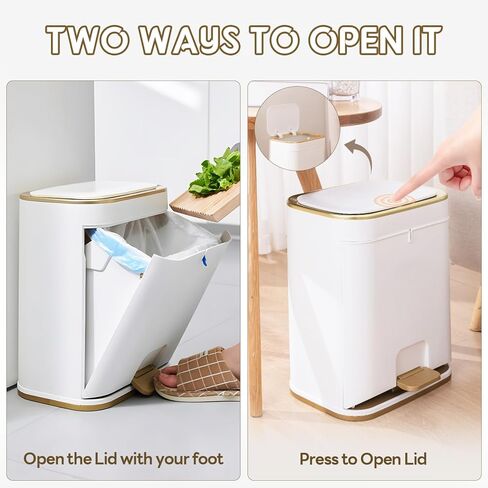 Bathroom Trash Can with Lid, 3 Gallon Gold Garbage Can, Small Trash Bin with Press top Lid and Pedal, Narrow White Trash Can Waste Basket for Bedroom, Living Room,Office,Plastic Dog Proof Trash Can in Kuwait