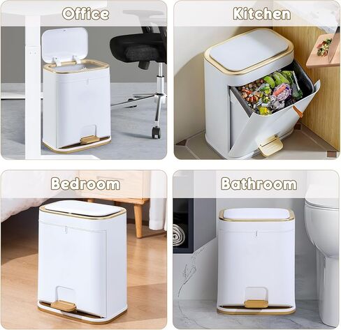 Bathroom Trash Can with Lid, 3 Gallon Gold Garbage Can, Small Trash Bin with Press top Lid and Pedal, Narrow White Trash Can Waste Basket for Bedroom, Living Room,Office,Plastic Dog Proof Trash Can in Kuwait