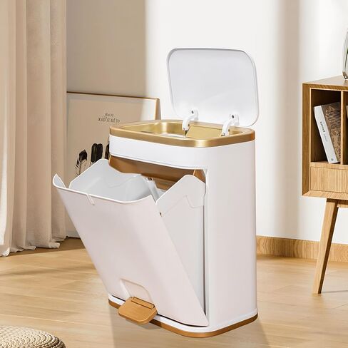 Bathroom Trash Can with Lid, 3 Gallon Gold Garbage Can, Small Trash Bin with Press top Lid and Pedal, Narrow White Trash Can Waste Basket for Bedroom, Living Room,Office,Plastic Dog Proof Trash Can in Kuwait