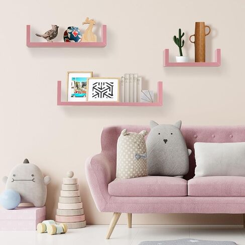 Set of 3 U Shaped Floating Float Wall Mount Shelf Shelves Display for Small Objects Collectibles Trophies Photo Potted Plants Book (Pink) in Saudi Arabia