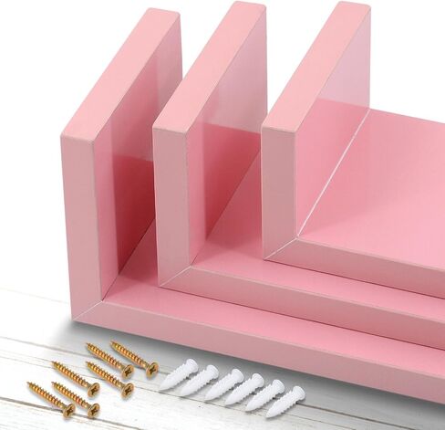 Set of 3 U Shaped Floating Float Wall Mount Shelf Shelves Display for Small Objects Collectibles Trophies Photo Potted Plants Book (Pink) in Saudi Arabia