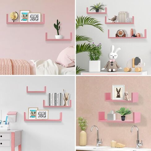 Set of 3 U Shaped Floating Float Wall Mount Shelf Shelves Display for Small Objects Collectibles Trophies Photo Potted Plants Book (Pink) in Saudi Arabia
