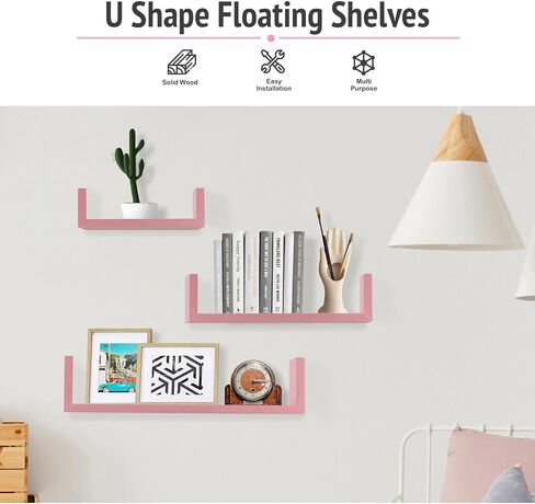 Set of 3 U Shaped Floating Float Wall Mount Shelf Shelves Display for Small Objects Collectibles Trophies Photo Potted Plants Book (Pink) in Saudi Arabia