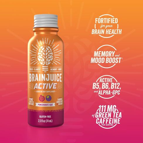 BrainJuice Decaf Brain Support Shot, Gluten Free Supplement Shots for Energy & Focus, Healthy Drinks with Alpha GPC, Vitamin B & Decaffeinated Green Tea Leaf, Classic, 2.5 fl oz, 12 Pack in Saudi Arabia