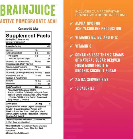 BrainJuice Decaf Brain Support Shot, Gluten Free Supplement Shots for Energy & Focus, Healthy Drinks with Alpha GPC, Vitamin B & Decaffeinated Green Tea Leaf, Classic, 2.5 fl oz, 12 Pack in Saudi Arabia
