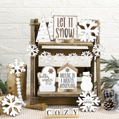 19 Pcs Rustic Winter Tiered Tray Decor Sets Winter Home Decor Wooden Winter Tray Decoration Winter Snowflakes Tiered Tray Decorative Winter Tray Sign for Tabletop Kitchen Holiday in Saudi Arabia