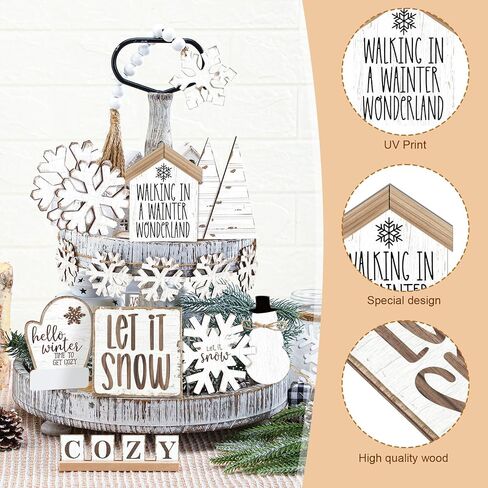 19 Pcs Rustic Winter Tiered Tray Decor Sets Winter Home Decor Wooden Winter Tray Decoration Winter Snowflakes Tiered Tray Decorative Winter Tray Sign for Tabletop Kitchen Holiday in Saudi Arabia