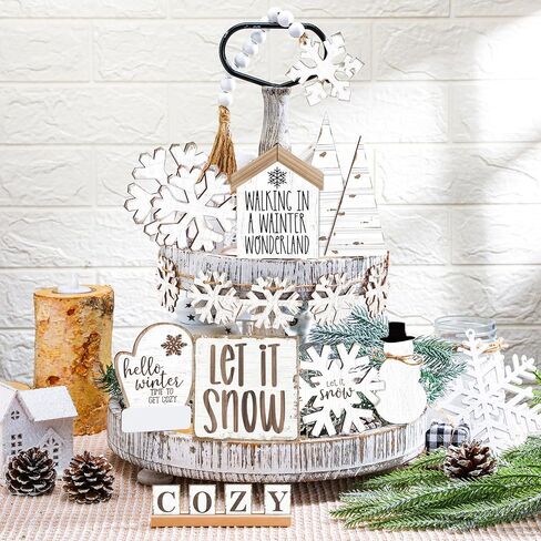 19 Pcs Rustic Winter Tiered Tray Decor Sets Winter Home Decor Wooden Winter Tray Decoration Winter Snowflakes Tiered Tray Decorative Winter Tray Sign for Tabletop Kitchen Holiday in Saudi Arabia