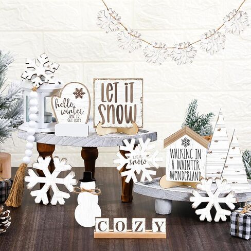 19 Pcs Rustic Winter Tiered Tray Decor Sets Winter Home Decor Wooden Winter Tray Decoration Winter Snowflakes Tiered Tray Decorative Winter Tray Sign for Tabletop Kitchen Holiday in Saudi Arabia