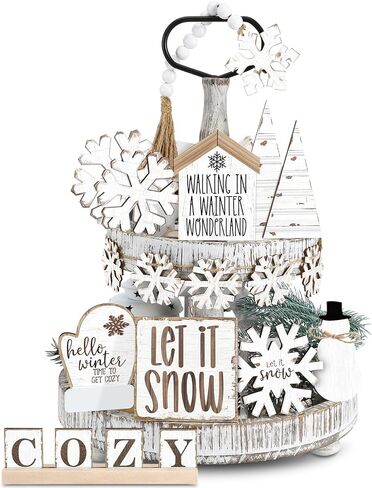 19 Pcs Rustic Winter Tiered Tray Decor Sets Winter Home Decor Wooden Winter Tray Decoration Winter Snowflakes Tiered Tray Decorative Winter Tray Sign for Tabletop Kitchen Holiday in Saudi Arabia