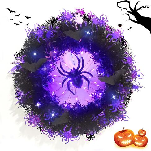 Halloween Wreaths, LED Lights Purple Spider Glow Wreath, Halloween Wreath Decor for Front Door, Wall, Porch, Indoor Outdoor Decorations-50 Lighting LED (Spider) in Saudi Arabia