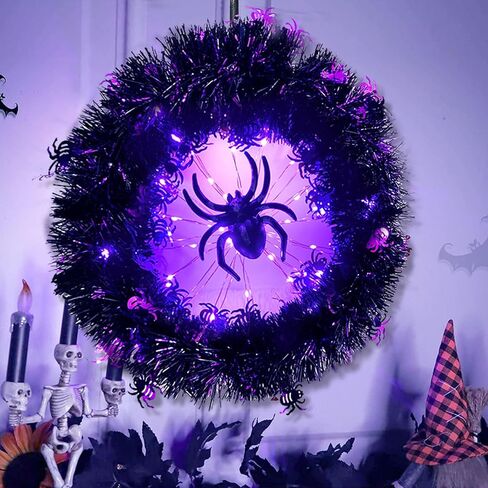 Halloween Wreaths, LED Lights Purple Spider Glow Wreath, Halloween Wreath Decor for Front Door, Wall, Porch, Indoor Outdoor Decorations-50 Lighting LED (Spider) in Saudi Arabia