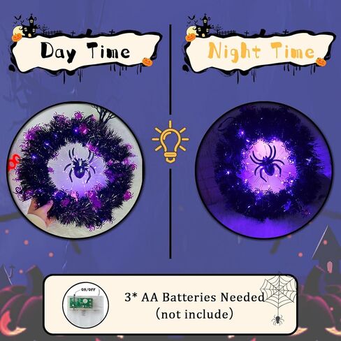Halloween Wreaths, LED Lights Purple Spider Glow Wreath, Halloween Wreath Decor for Front Door, Wall, Porch, Indoor Outdoor Decorations-50 Lighting LED (Spider) in Saudi Arabia