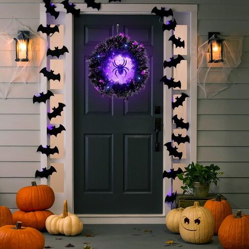 Halloween Wreaths, LED Lights Purple Spider Glow Wreath, Halloween Wreath Decor for Front Door, Wall, Porch, Indoor Outdoor Decorations-50 Lighting LED (Spider) in Saudi Arabia
