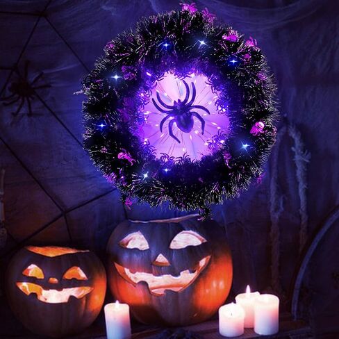 Halloween Wreaths, LED Lights Purple Spider Glow Wreath, Halloween Wreath Decor for Front Door, Wall, Porch, Indoor Outdoor Decorations-50 Lighting LED (Spider) in Saudi Arabia