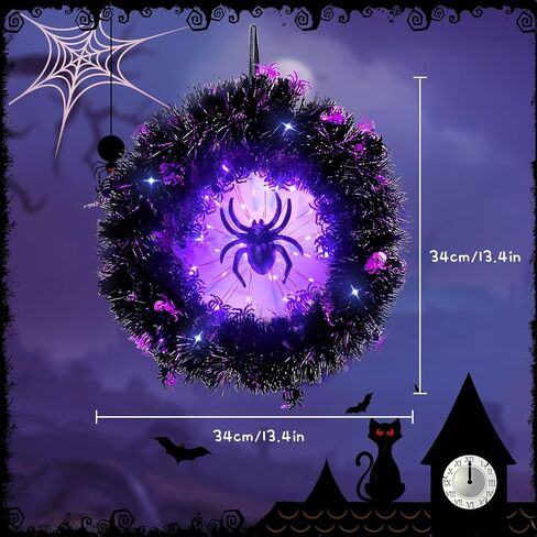 Halloween Wreaths, LED Lights Purple Spider Glow Wreath, Halloween Wreath Decor for Front Door, Wall, Porch, Indoor Outdoor Decorations-50 Lighting LED (Spider) in Saudi Arabia