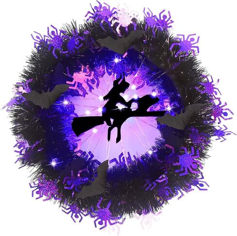 Halloween Wreaths, LED Lights Purple Spider Glow Wreath, Halloween Wreath Decor for Front Door, Wall, Porch, Indoor Outdoor Decorations-50 Lighting LED (Spider) in Saudi Arabia